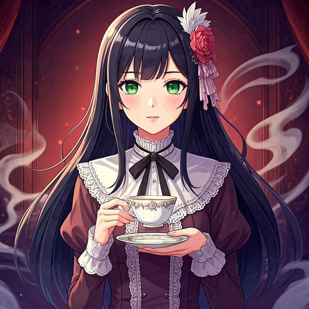 Woman with Teacup in Studio Trigger Anime Style