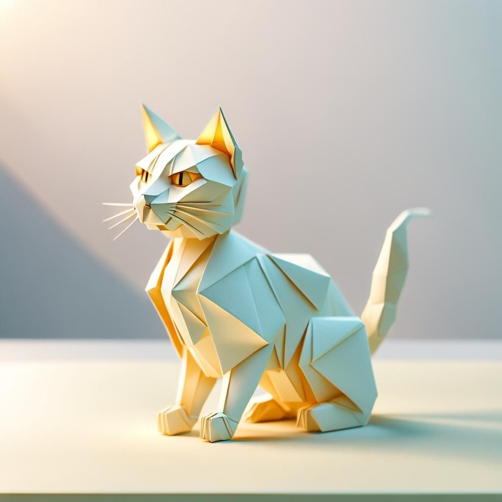 Whimsical Robotic Cat Paper Art in Digital Origami Style