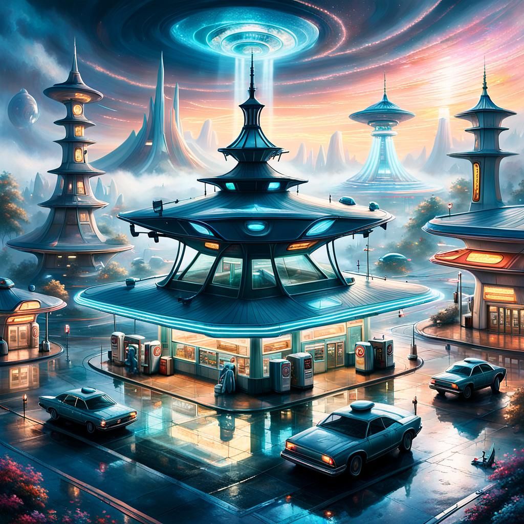 Ethereal Pagoda Gas Station for Alien Travelers