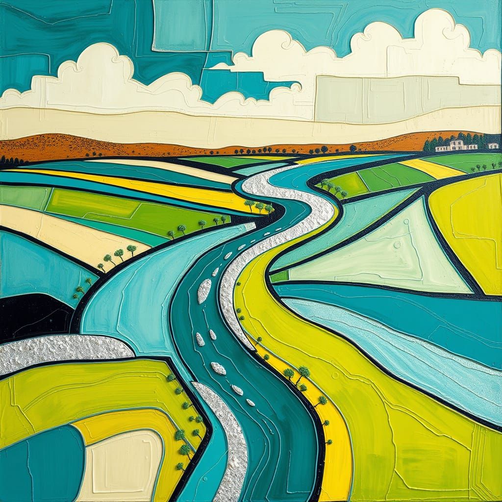 Mondrian-Inspired River Landscape in Turquoise and Silver