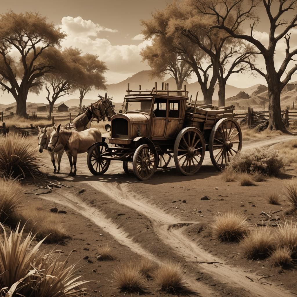 Sepia Photo of Donkey Cart in Wheat Field