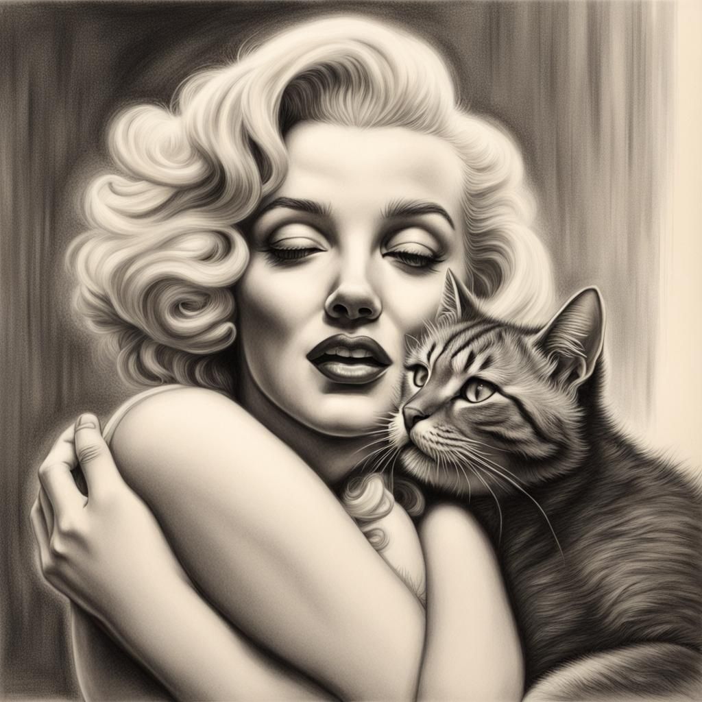 Marilyn Monroe Kisses a Cat: Hyperdetailed Charcoal Drawing