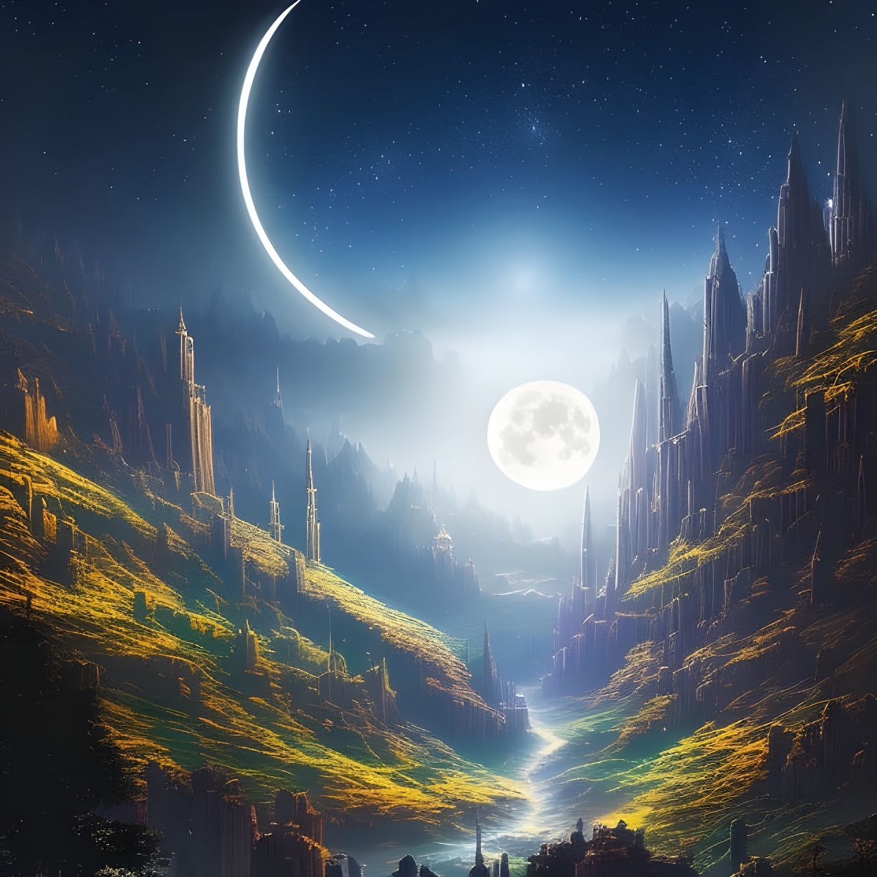 Moonlit Town at Night: A Surreal Digital Illustration