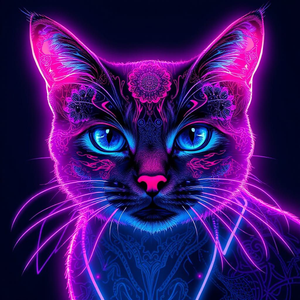 Fiber Optic Zentangle Cat in Neon Style