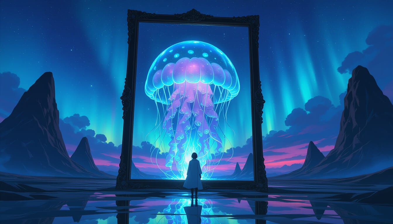 Surreal Mirror Scene with Celestial Jellyfish, Optical Surre...