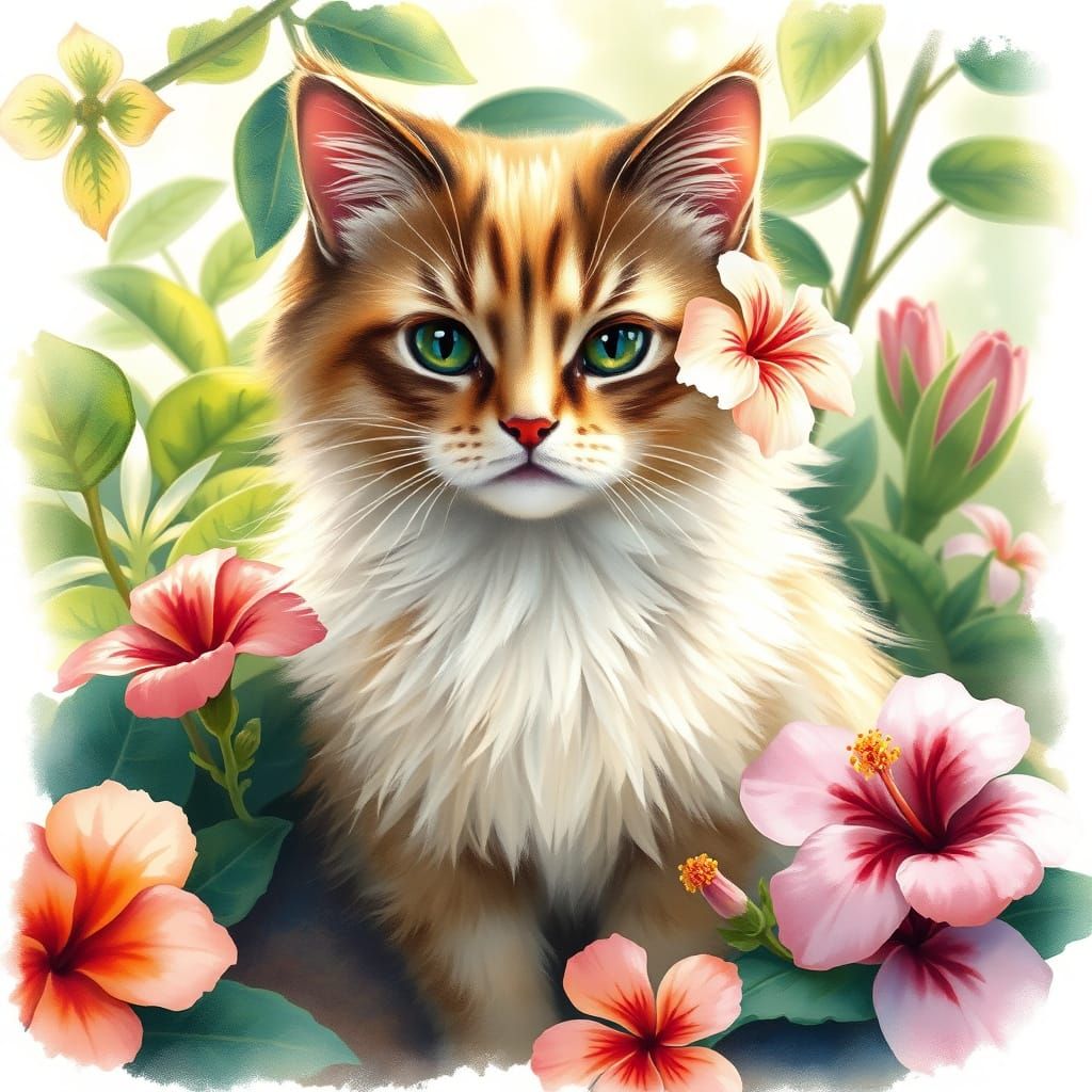 Whimsical Cat with Hibiscus in Tropical Paradise