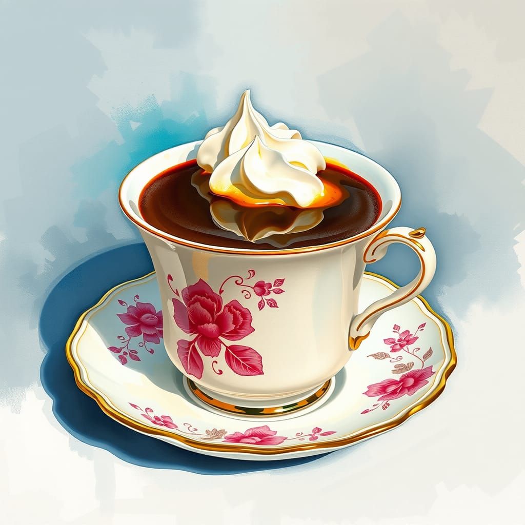 Coffee in Teacup: Gouache Impressionist Masterpiece