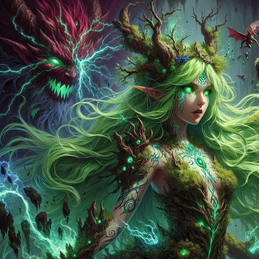 Anime Dryad Elementalist Facing a Demon