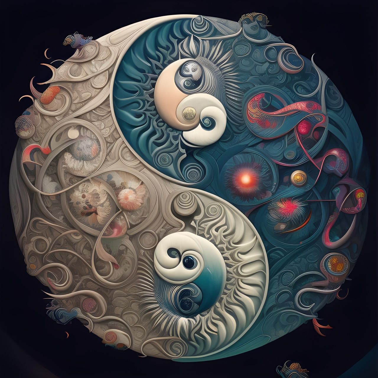 Detailed Yin Yang Sun and Moon Illustration