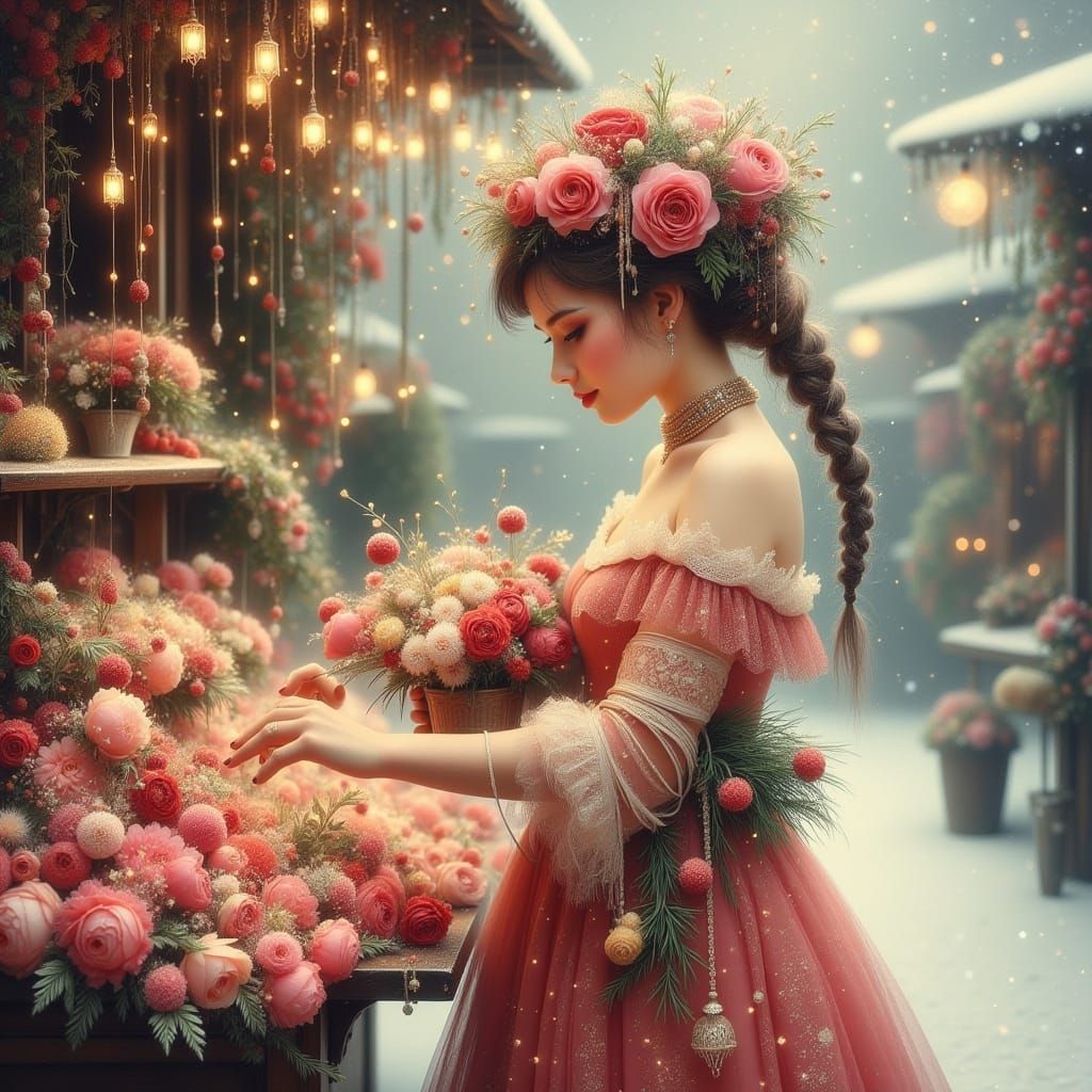 Victorian Flower Seller Arranging Frost-Kissed Florals