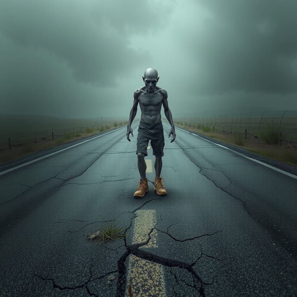 Lone Zombie in Post-Apocalyptic Landscape