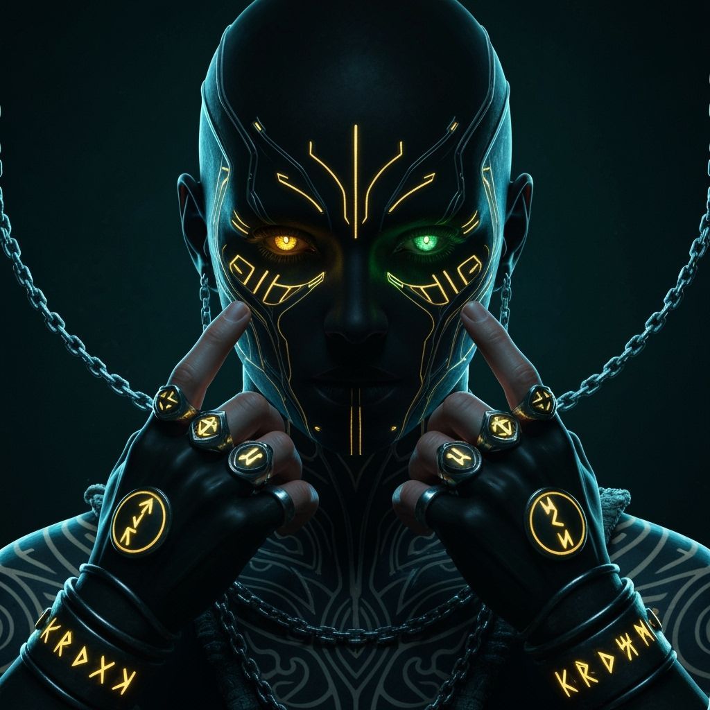 Cyber-Mystic Warrior in Shadow with Glowing Tattoos
