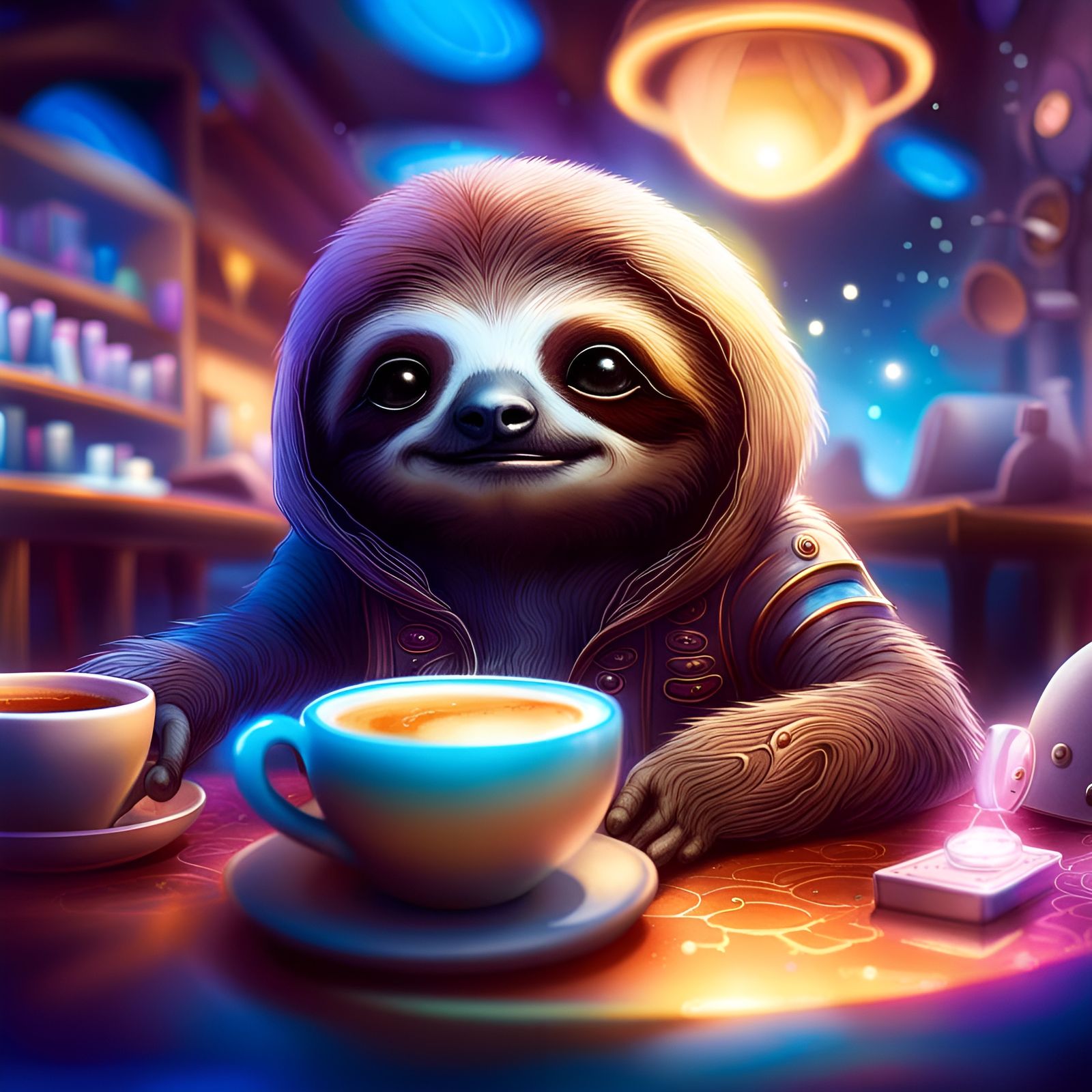 A sloth in a space cafe