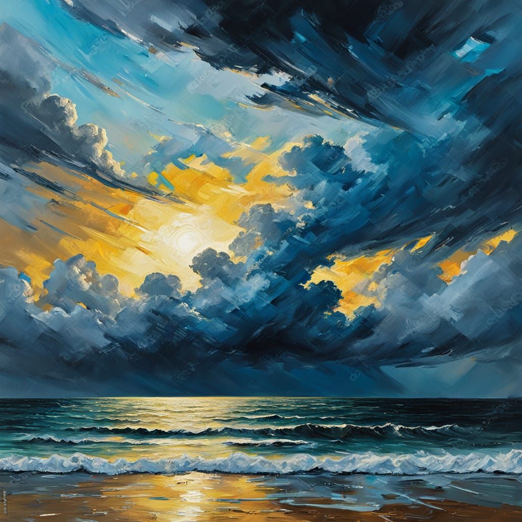 Impressionist Seascape with Golden Horizon and Dark Clouds
