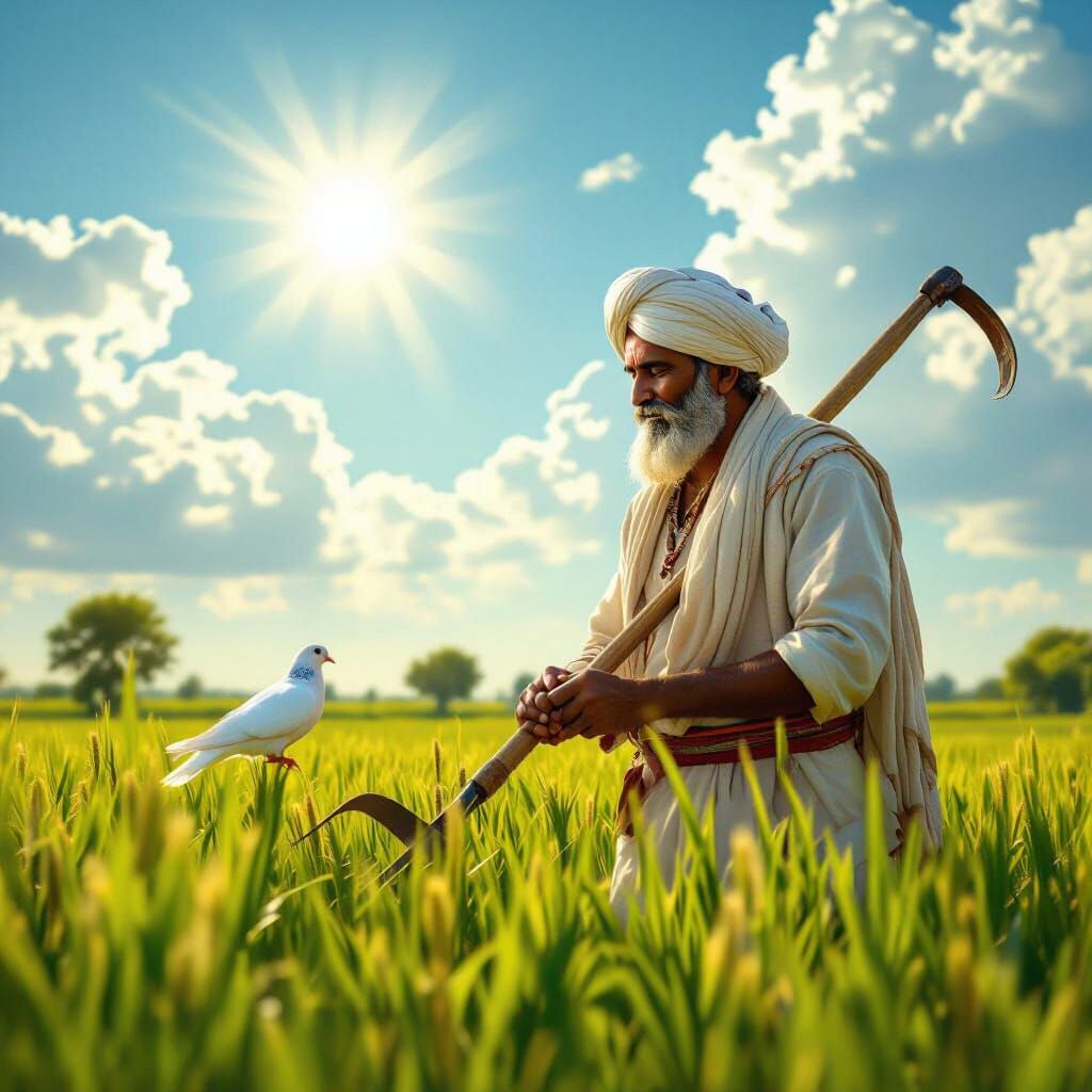 Giant Indian Farmer and Pigeon in Lush Field - Fantasy Conce...