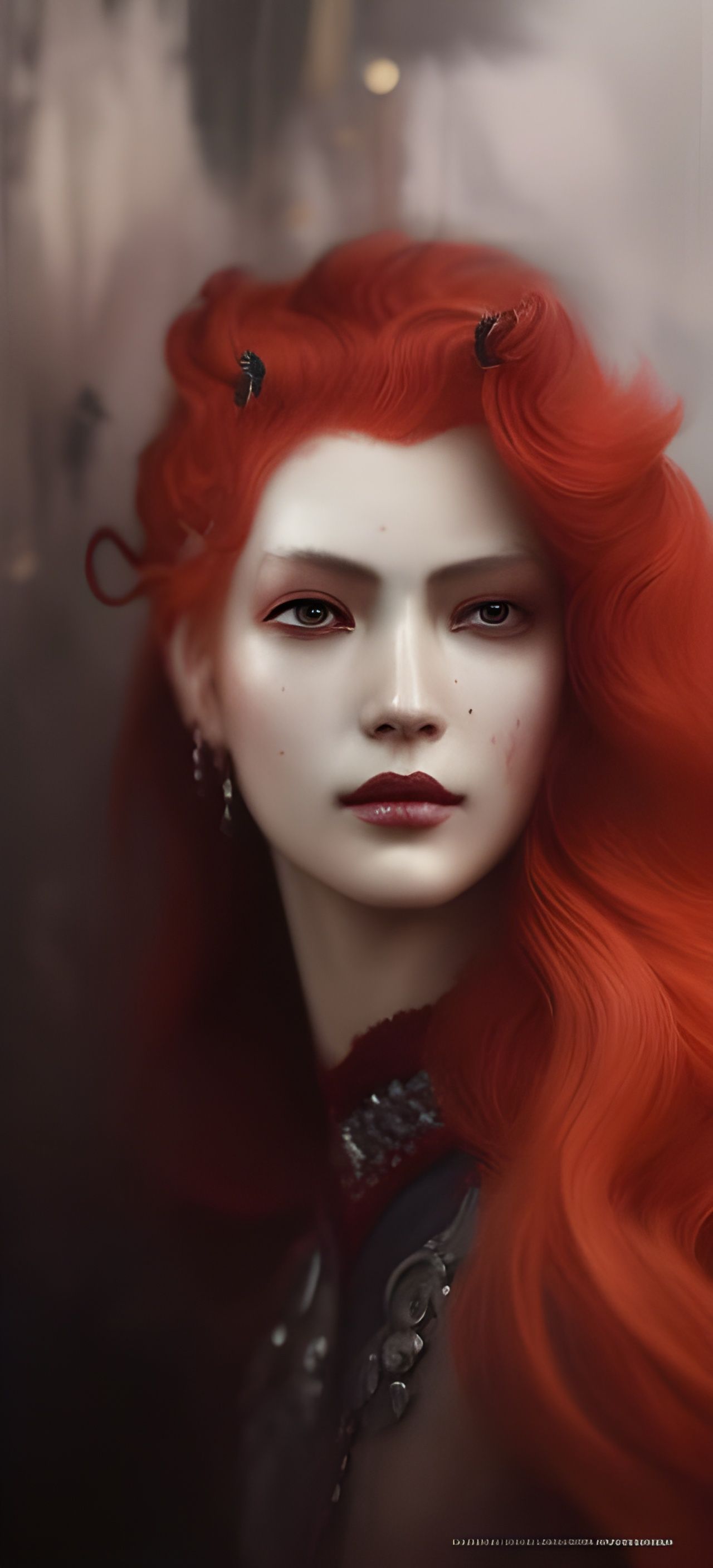 Elaborate Red-Haired Warrior in Silver Lace Gown