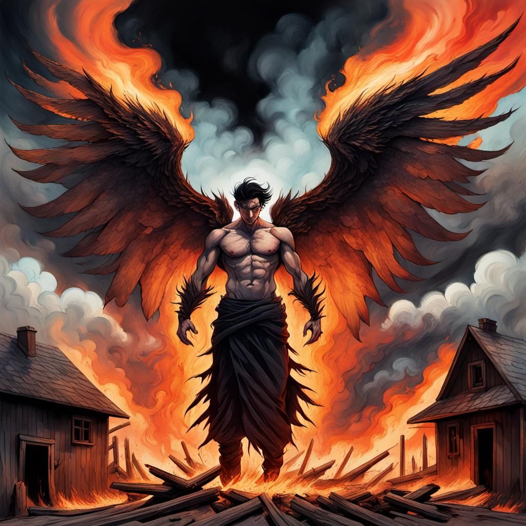 Dark Fantasy Fallen Angel in Glitch Art Style