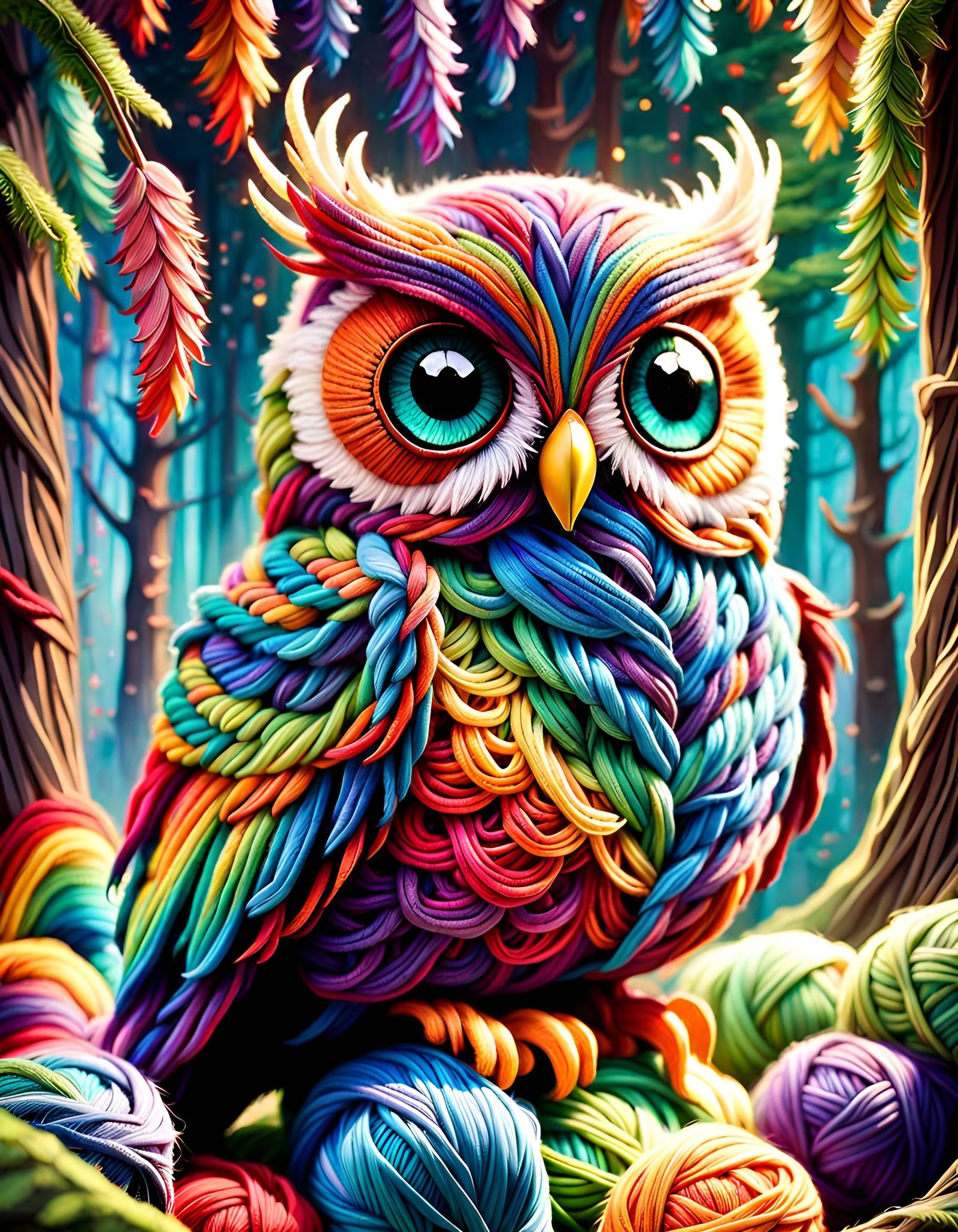Rainbow Yarn Owl Plushie in Detailed Fantasy Art