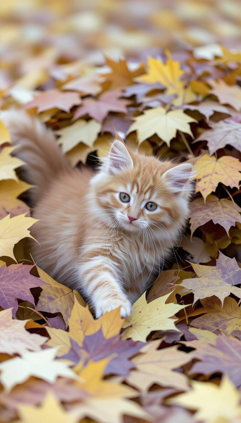 Kitten Playing in Autumn Leaves with Bokeh