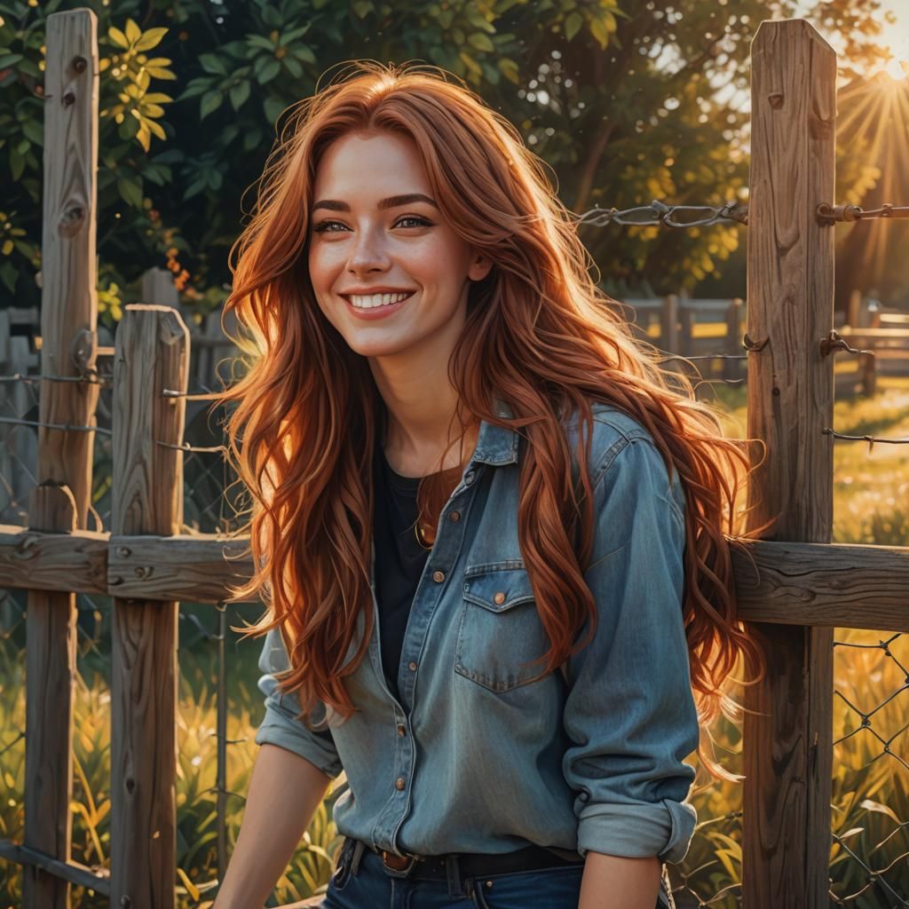 Auburn Beauty Smiling in Golden Hour Oil Painting