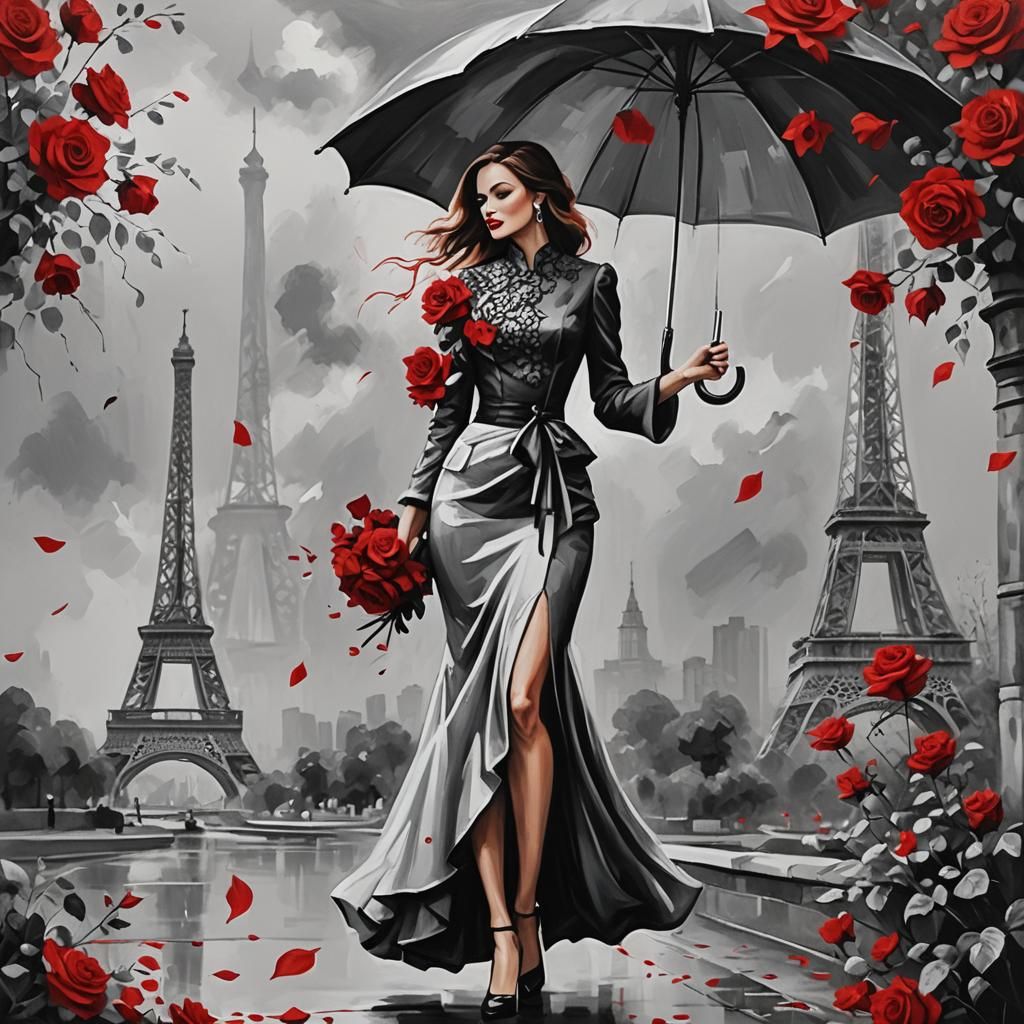 Elegant Woman with Roses in Paris, Acrylic Painting