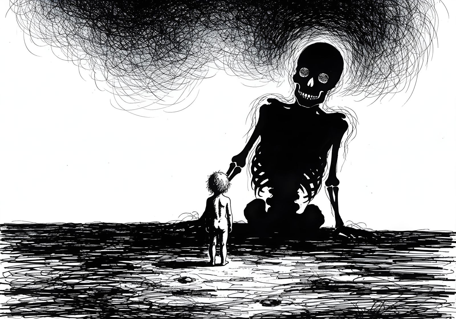 Child Confronts Shadow of Death in Stark Ink Drawing