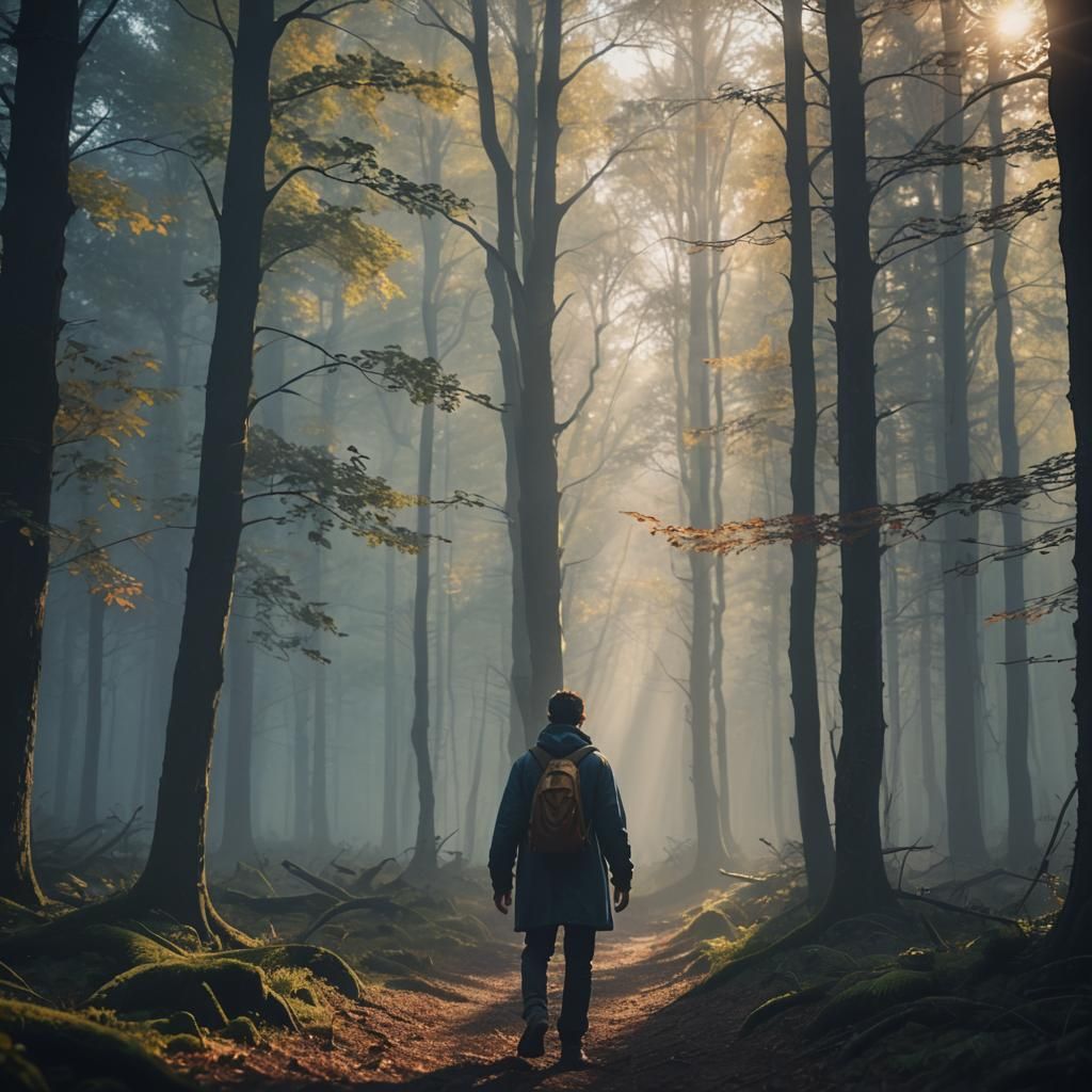 Misty Forest Figure in Golden Hour Lighting