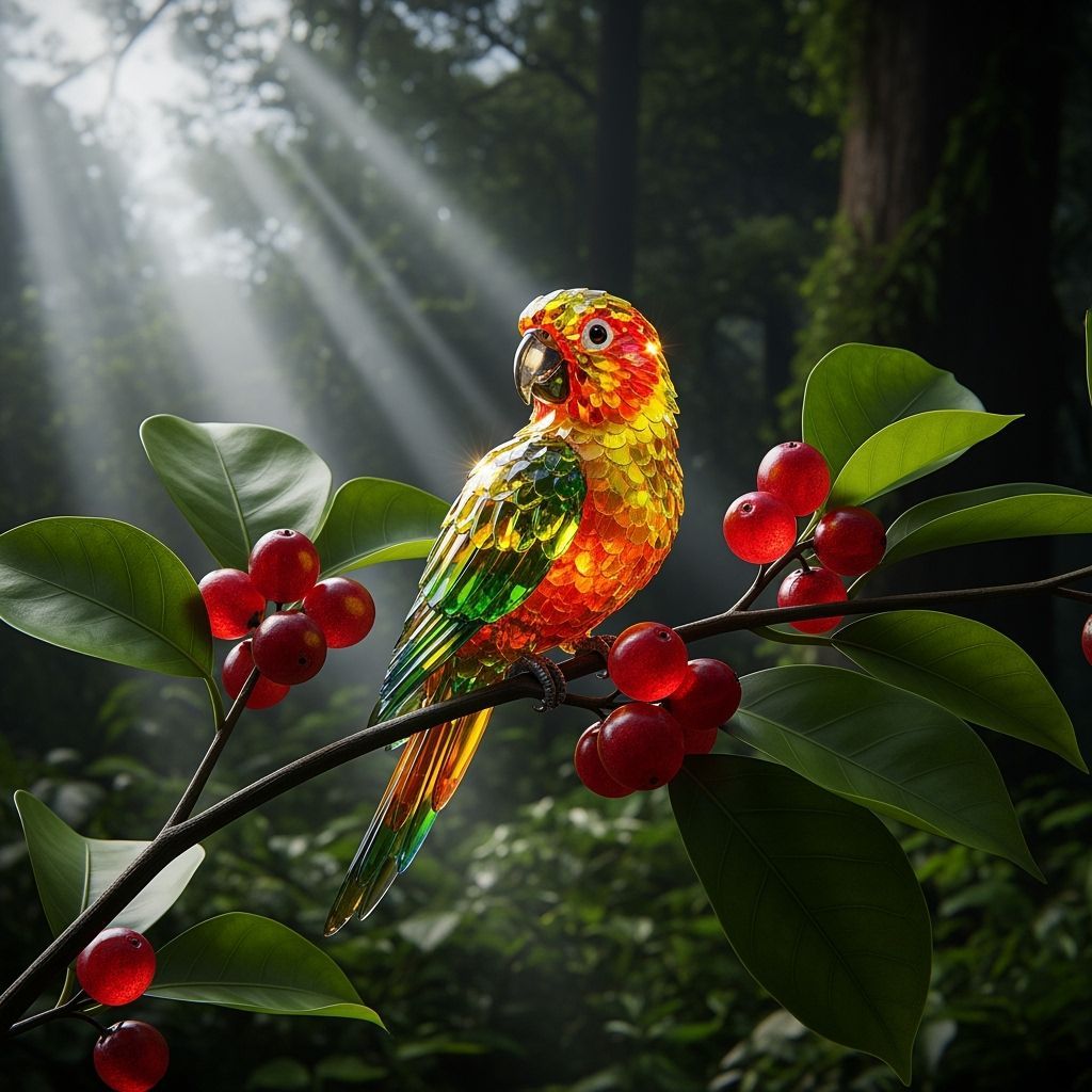 Sphene Sun Conure Perched on Acerola Branch in Jungle