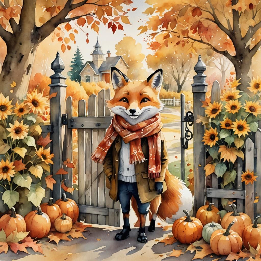Whimsical Fox Welcomes Autumn: Watercolor Illustration