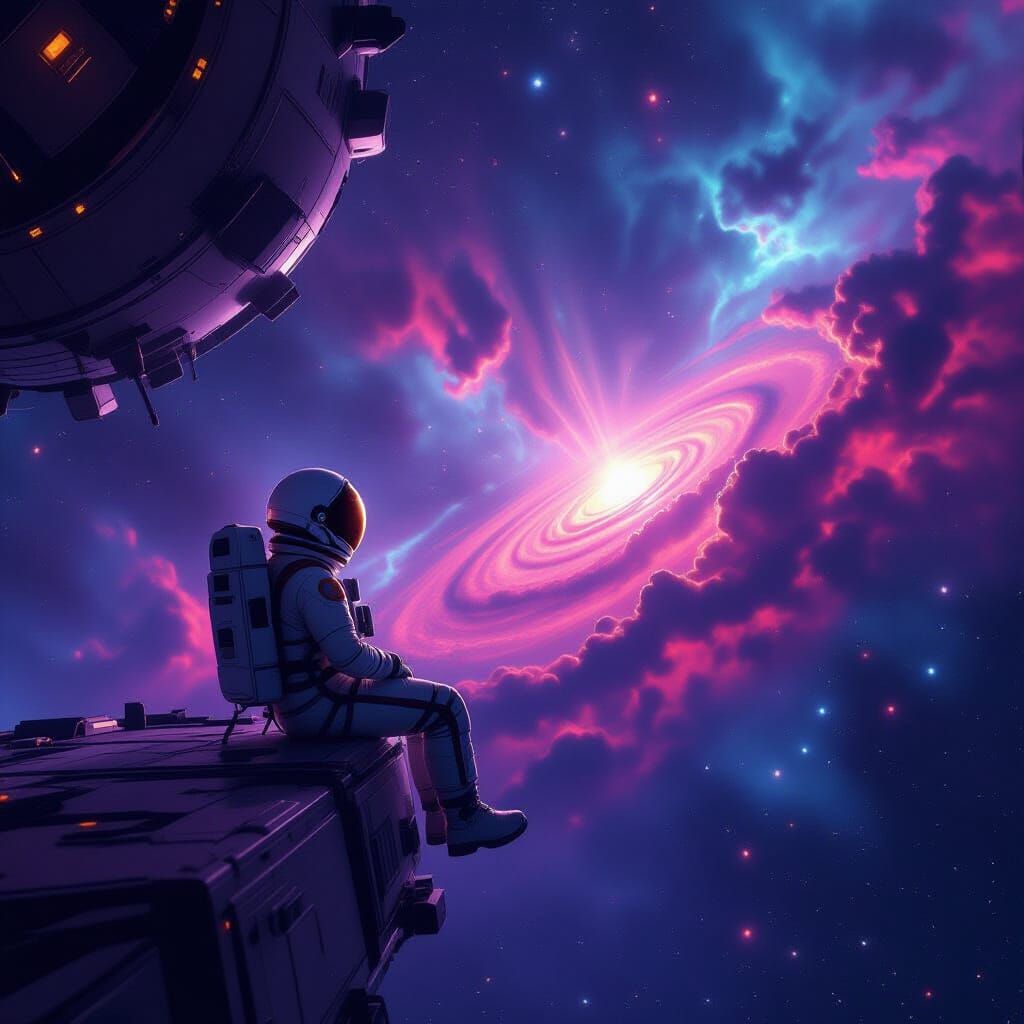 Astronaut Adrift in Cosmic Expanse with Swirling Nebulae