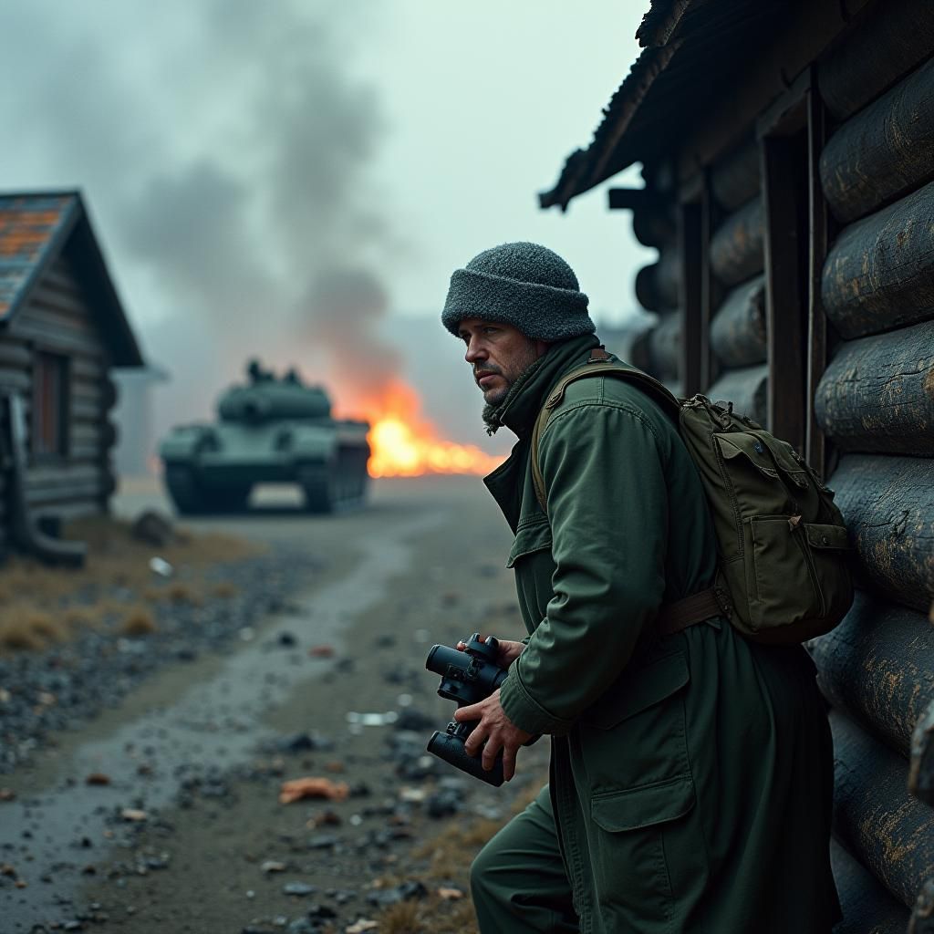 War-Torn Village: Soldier Observes Amidst Chaos