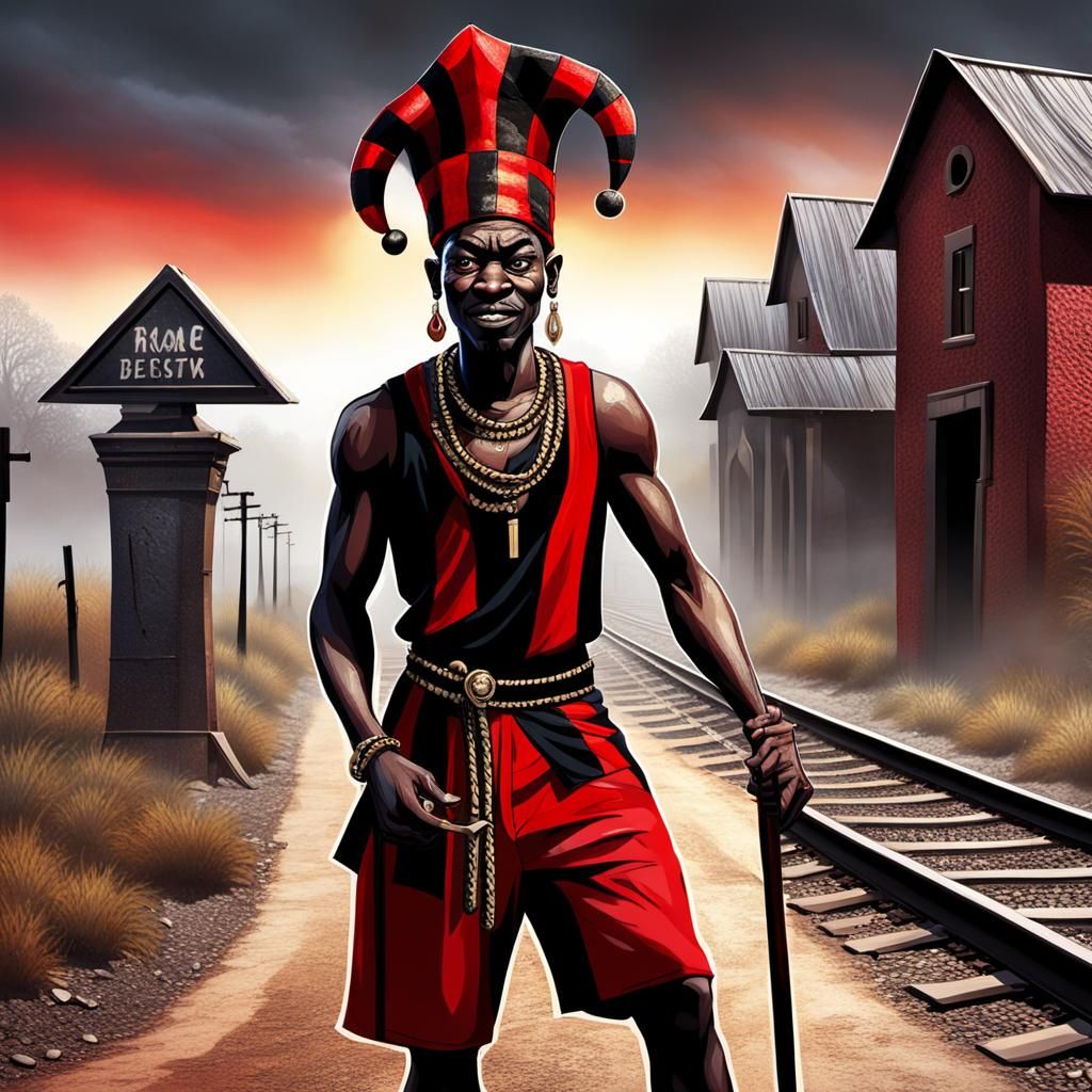 Stylized African Jester Portrait at the Crossroads