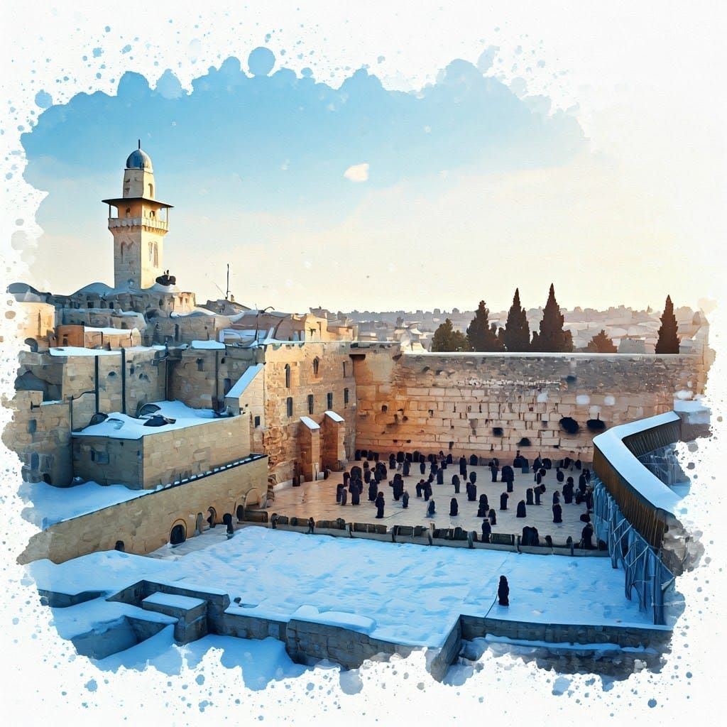 Snowy Jerusalem Western Wall Watercolor Ink Art
