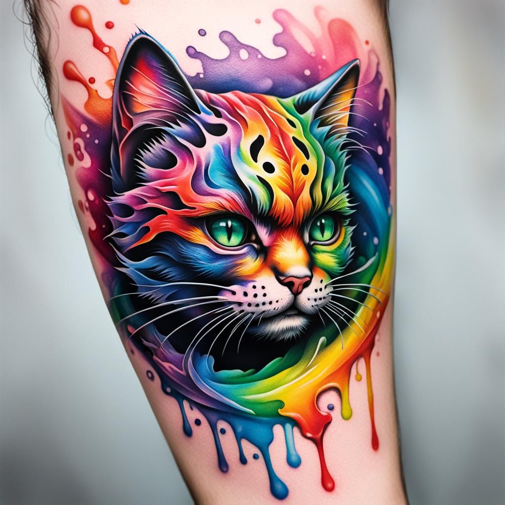 Rainbow Ninja Kitty Tattoo in Splash Art Style