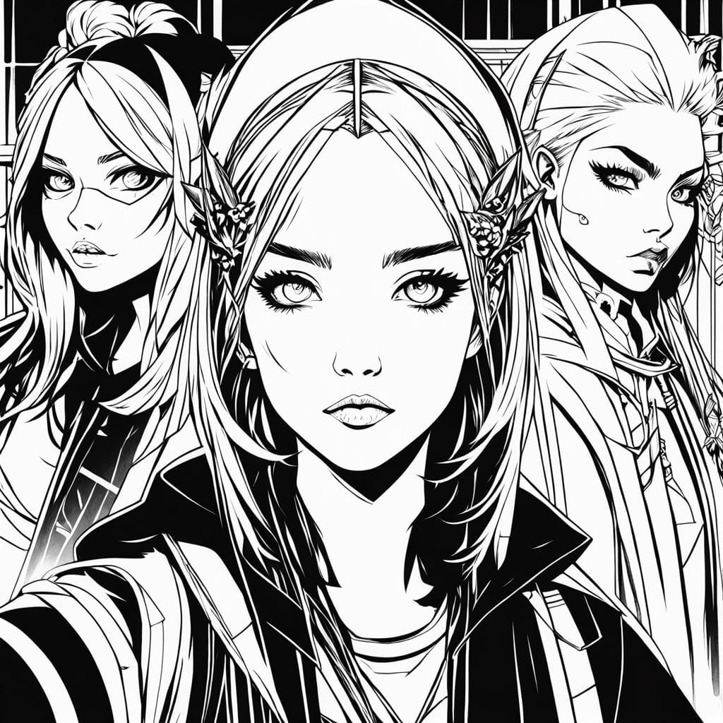 Anime Goth Girls Selfie Line Art