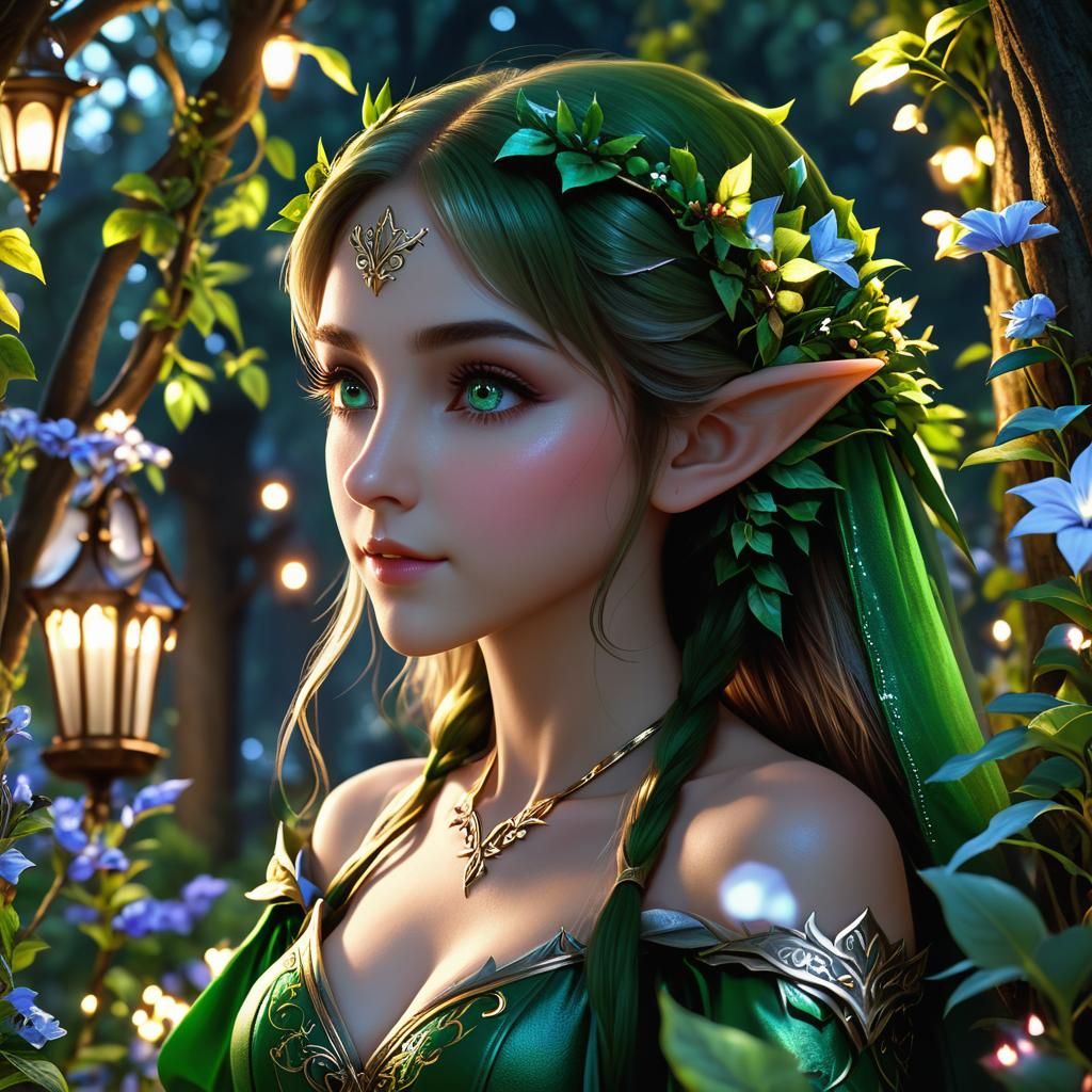 Beautiful elf overlooking an enchanted garden, perfect face, perfect elf ears, night, highly detailed, high quality, meg...