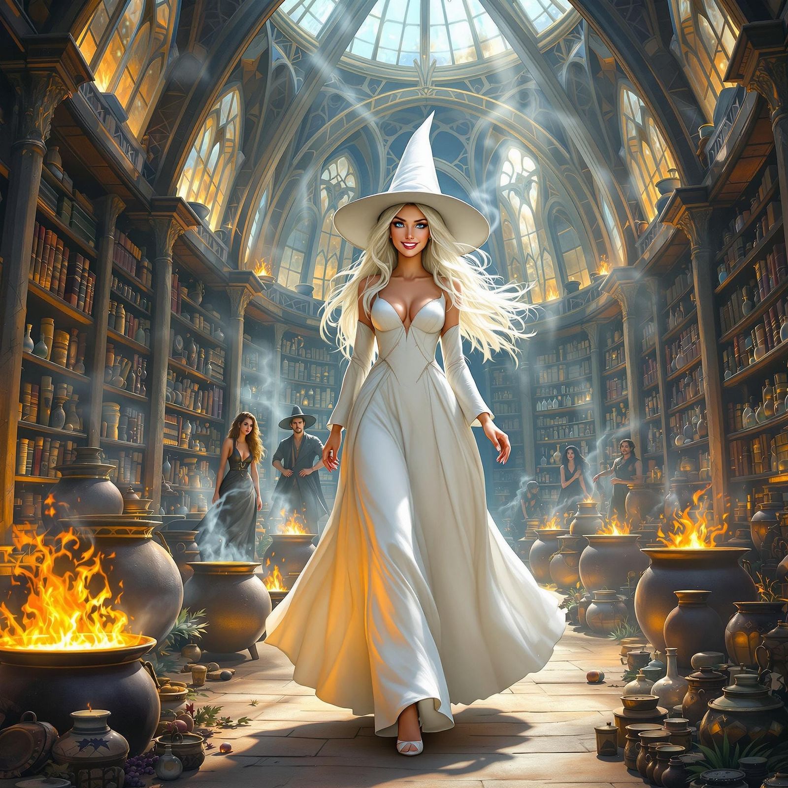 Majestic White Witch in Whimsical Dreamlike Hall
