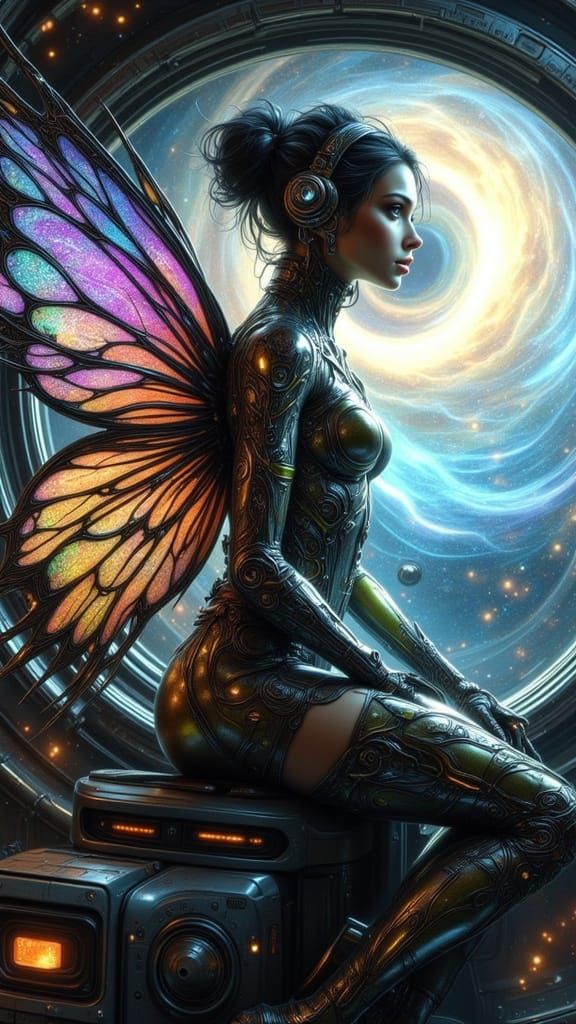 Cyborg Fairy Astronaut in Futuristic Spaceship