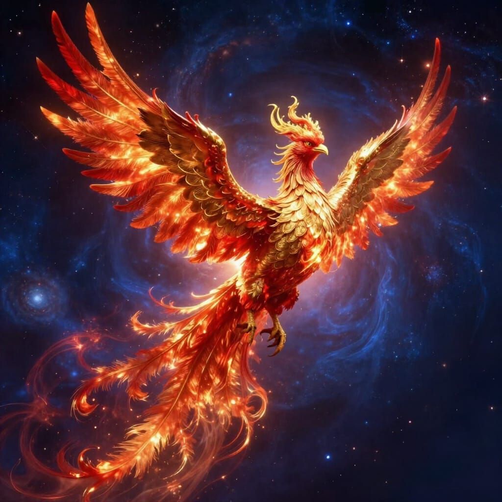 Majestic Phoenix of Gold and Fire Soars Through Nebula