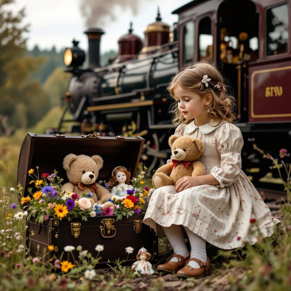 Nostalgic Girl with Steam Train and Dolls