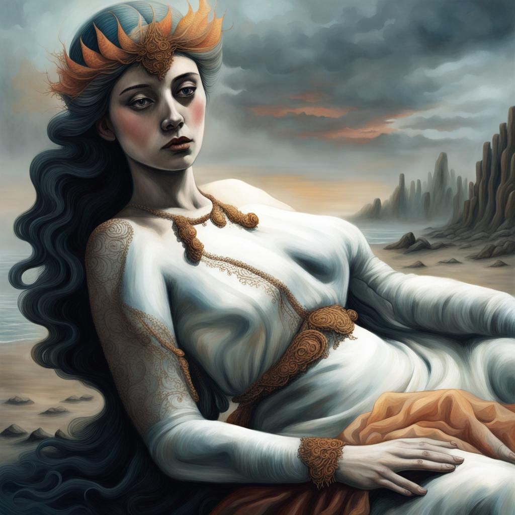 Woman on Misty Beach: Orientalist Fantasy Art