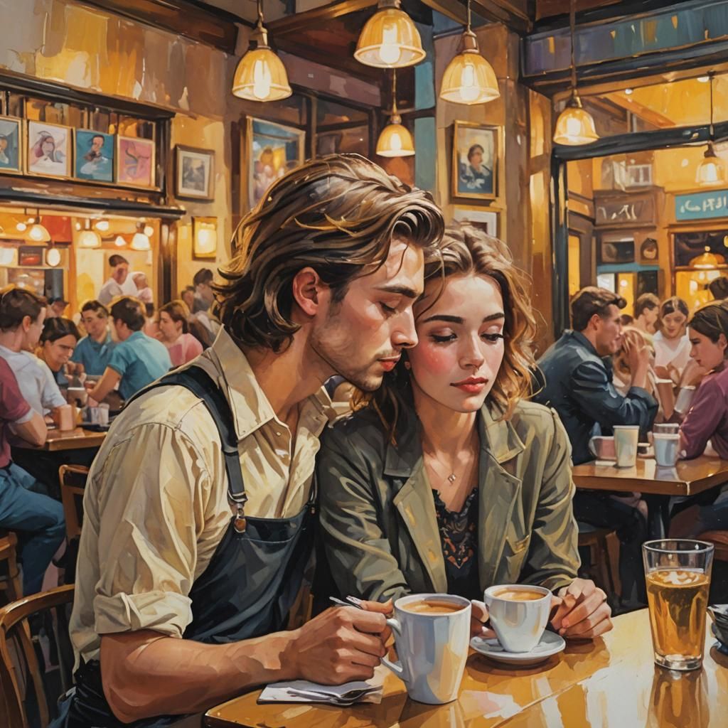 Romantic Gouache Painting of Couple in Café