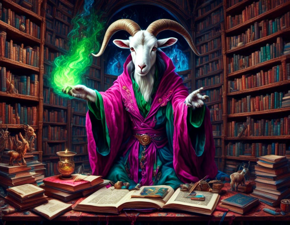Wizard Goat Casting Eerie Spell in Magical Library