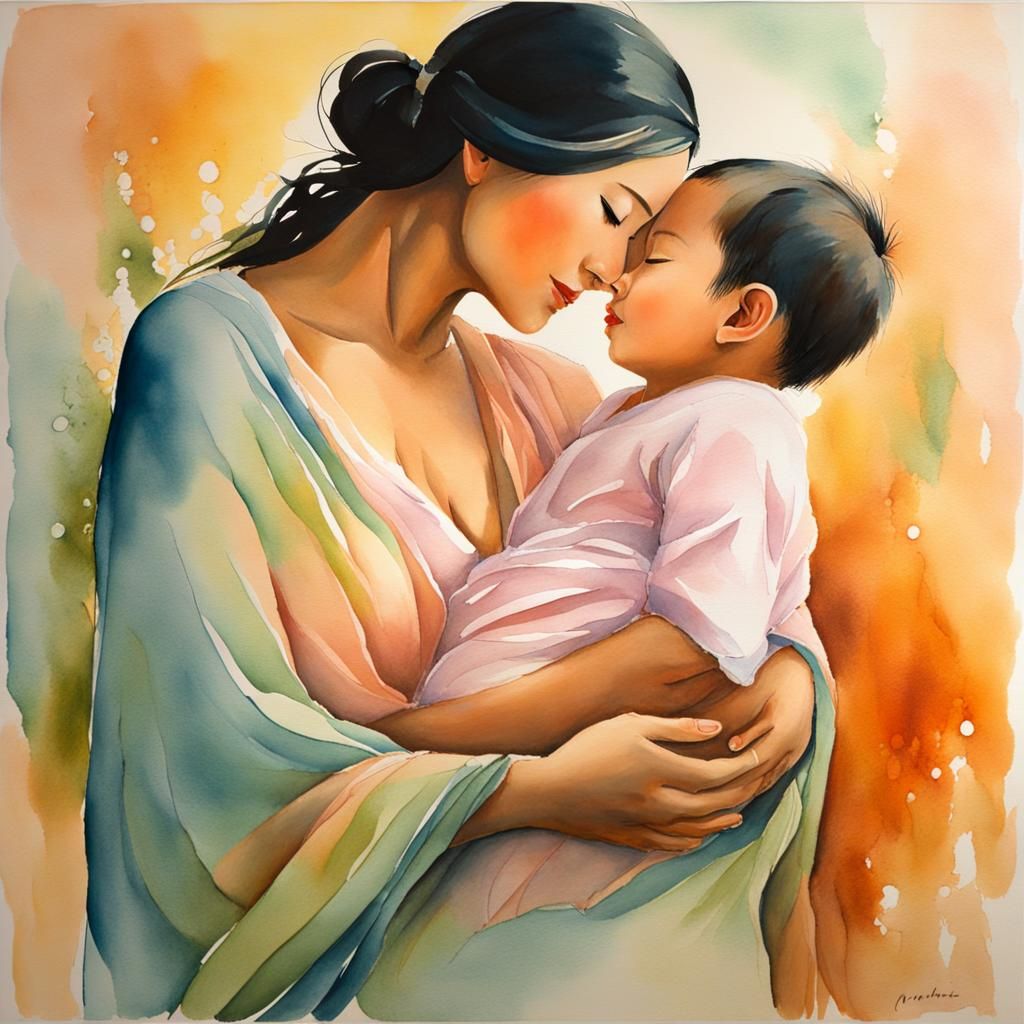 Serene Mother and Child in Watercolor Gouache