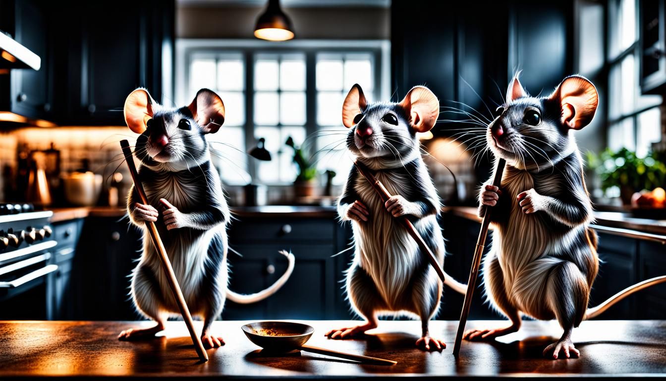 Hyperrealistic 3 Blind Mice in Modern Kitchen