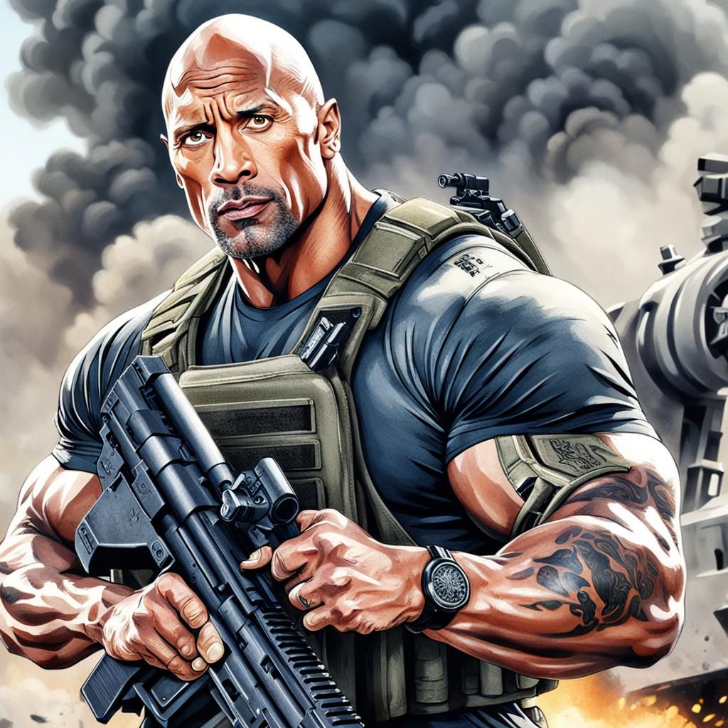 Dwayne Johnson with Machine Gun: AI Generated Image