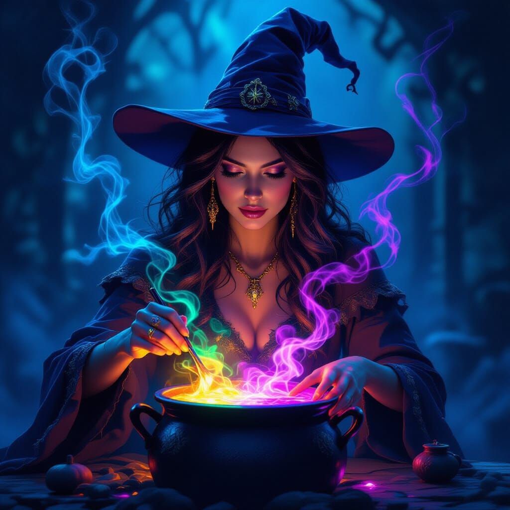 Ethereal Witch with Glowing Potions in Dark Fantasy Style