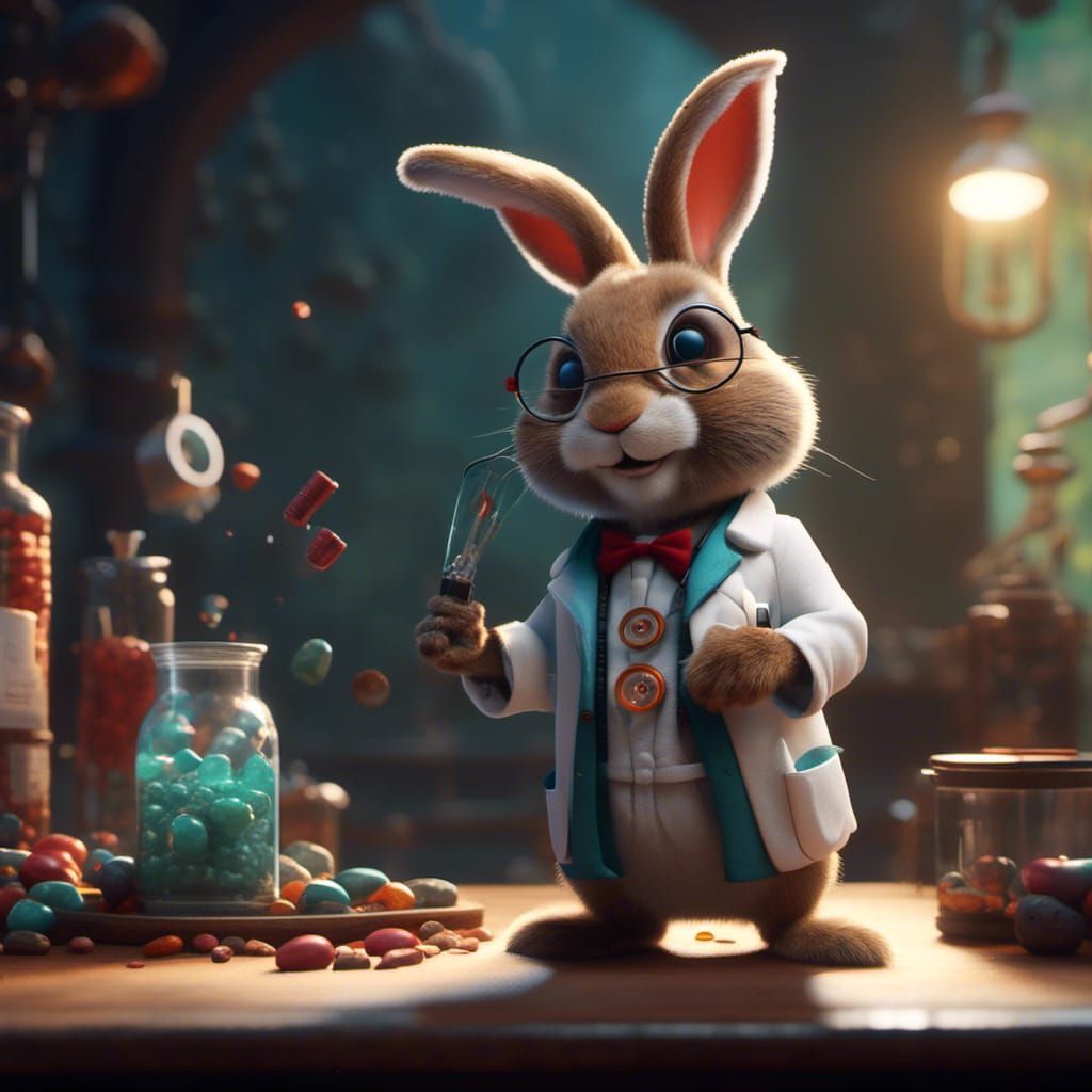 Anthropomorphic Doctor Rabbit with Pill, Detailed Matte Pain...