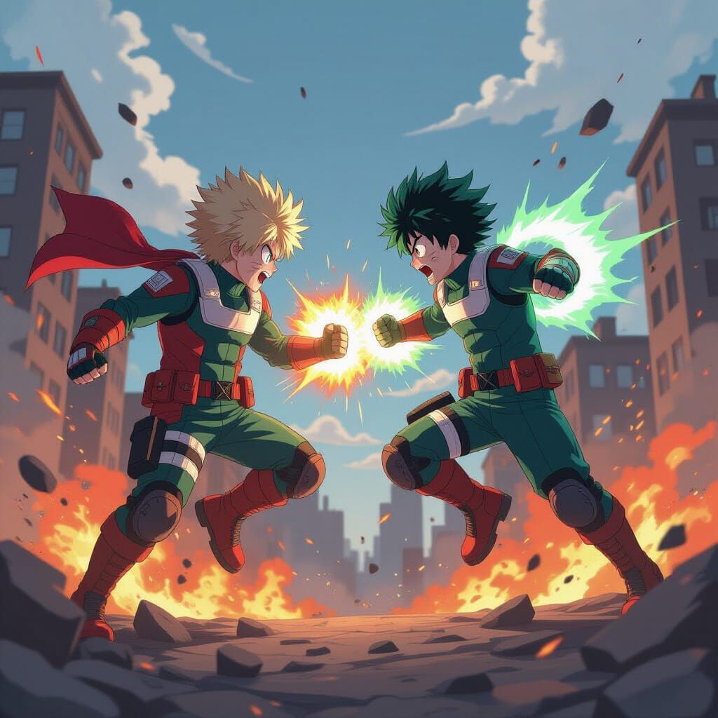 Dynamic Mid-Air Battle: Bakugo vs. Deku in 3D Anime Style