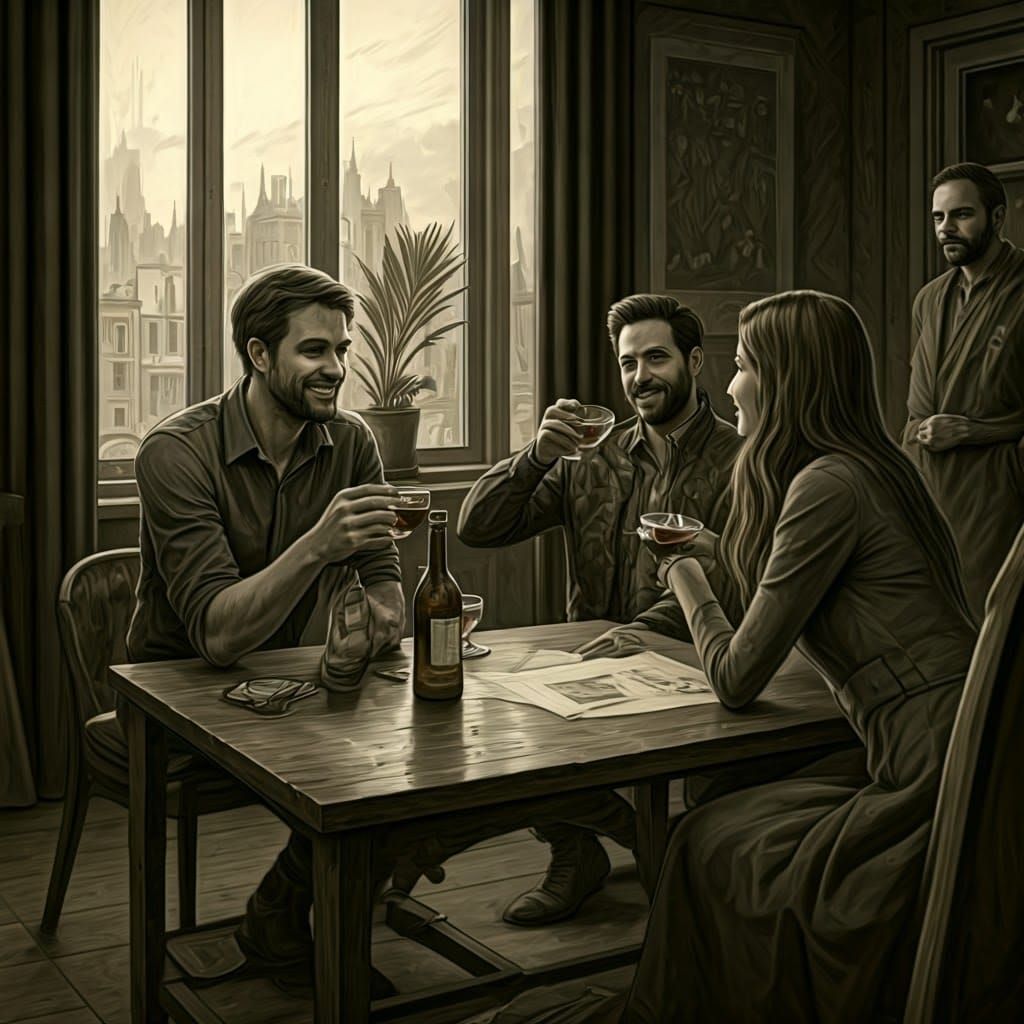 Friends Relaxing in a Cozy Studio Atmosphere, in Charcoal Dr...